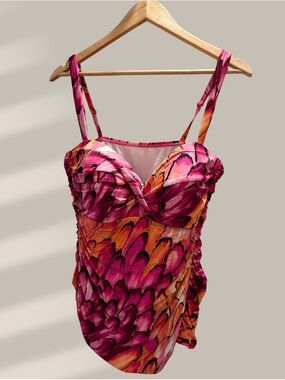 Ruched Tankini Bikini Top by Jantzen Pink & Orange Floral 14 Lined & Soft Bra
